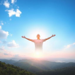 A serene scene depicting a man ascending into the sky, surrounded by ethereal clouds and soft, warm sunlight