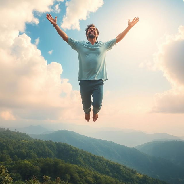 A serene scene depicting a man ascending into the sky, surrounded by ethereal clouds and soft, warm sunlight