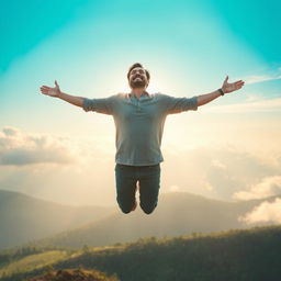 A serene scene depicting a man ascending into the sky, surrounded by ethereal clouds and soft, warm sunlight