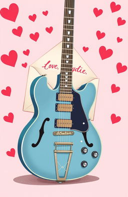 An illustrated image featuring a vintage Pelham blue ES-335 guitar, prominently displayed