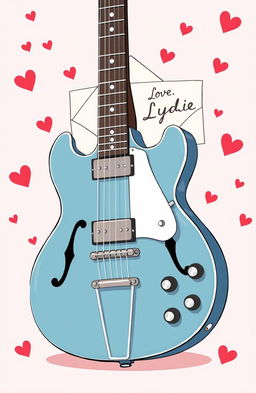 An illustrated image featuring a vintage Pelham blue ES-335 guitar, prominently displayed