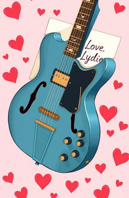 An illustrated image featuring a vintage Pelham blue ES-335 guitar, prominently displayed