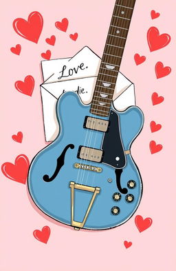 An illustrated image featuring a vintage Pelham blue ES-335 guitar, prominently displayed