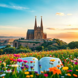 A captivating book cover set in the stunning landscapes of Catalunya, featuring the iconic Sagrada Familia in the background