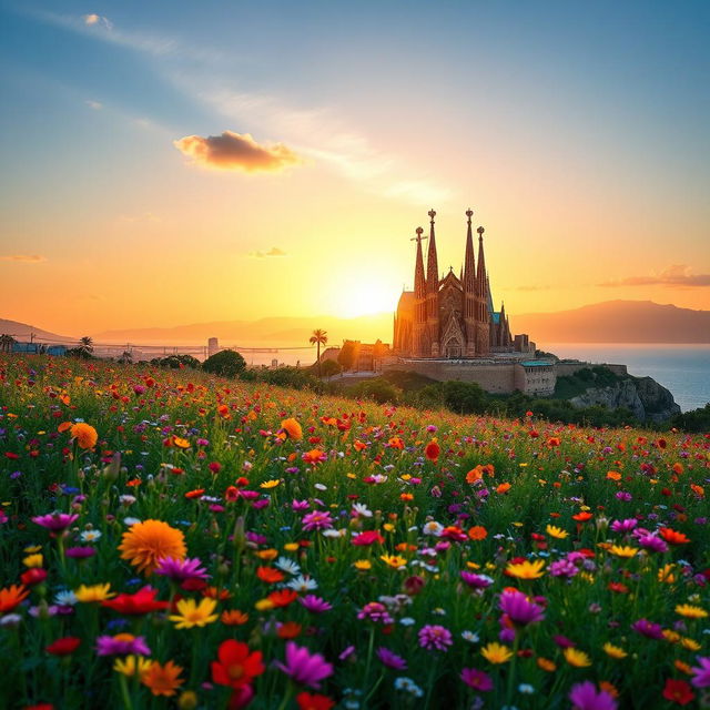 A captivating book cover set in the stunning landscapes of Catalunya, featuring the iconic Sagrada Familia in the background