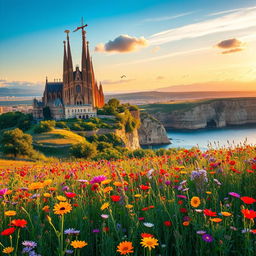 A captivating book cover set in the stunning landscapes of Catalunya, featuring the iconic Sagrada Familia in the background