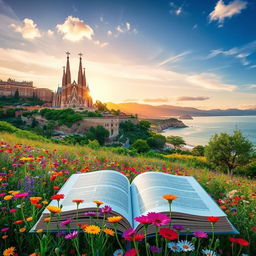 A captivating book cover set in the stunning landscapes of Catalunya, featuring the iconic Sagrada Familia in the background
