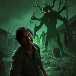 A gripping scene depicting a viral outbreak where a villager is under attack by a menacing representation of the T Virus
