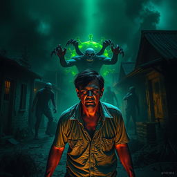 A gripping scene depicting a viral outbreak where a villager is under attack by a menacing representation of the T Virus