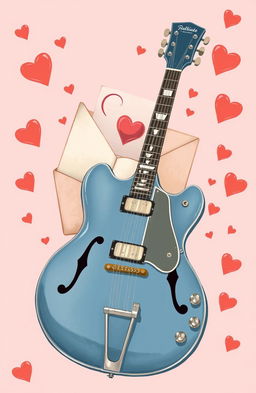A vintage Pelham Blue ES-335 guitar beautifully illustrated, prominently placed in the foreground