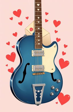 A vintage Pelham Blue ES-335 guitar beautifully illustrated, prominently placed in the foreground