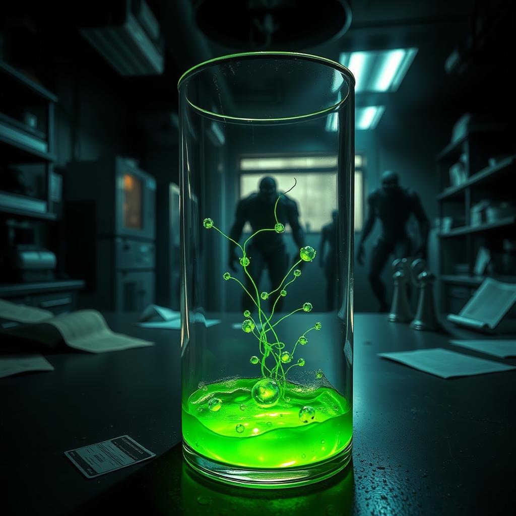 An artistic representation inspired by the T Virus from the Resident Evil universe, featuring a dark and eerie scene in a laboratory