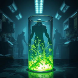 An artistic representation inspired by the T Virus from the Resident Evil universe, featuring a dark and eerie scene in a laboratory