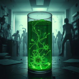 An artistic representation inspired by the T Virus from the Resident Evil universe, featuring a dark and eerie scene in a laboratory