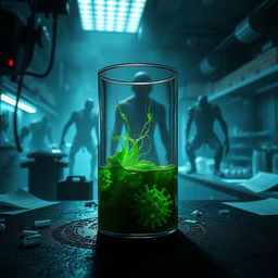 An artistic representation inspired by the T Virus from the Resident Evil universe, featuring a dark and eerie scene in a laboratory