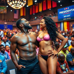At a vibrant presidential conference featuring an all-Black audience, a striking scene unfolds as a Black man passionately strips down to his bare skin in a bold act of expression