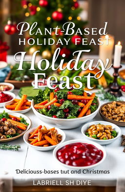A stunning cover design for a cookbook titled 'Plant-Based Holiday Feast: Delicious Vegetarian & Vegan Recipes for New Year and Christmas'