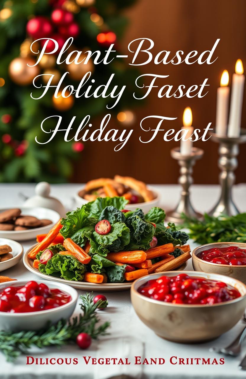 A stunning cover design for a cookbook titled 'Plant-Based Holiday Feast: Delicious Vegetarian & Vegan Recipes for New Year and Christmas'