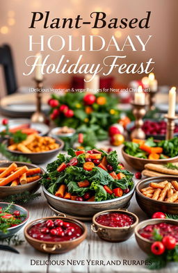 A stunning cover design for a cookbook titled 'Plant-Based Holiday Feast: Delicious Vegetarian & Vegan Recipes for New Year and Christmas'