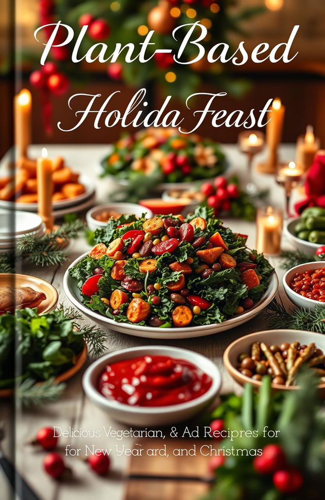 A stunning cover design for a cookbook titled 'Plant-Based Holiday Feast: Delicious Vegetarian & Vegan Recipes for New Year and Christmas'