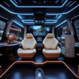 The rear cabin of a state-of-the-art, futuristic van, brimming with high-end luxuries and advanced tech gadgets.