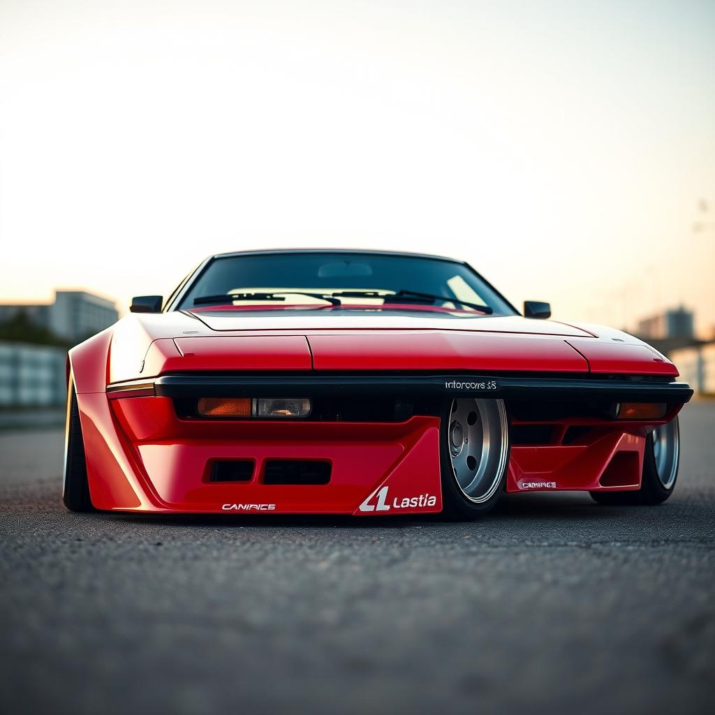 A beautifully modified Lancia Stratos featuring the front bumper of a Nissan S15, showcasing a perfect blend of classic and modern aesthetics