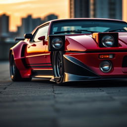 A beautifully modified Lancia Stratos featuring the front bumper of a Nissan S15, showcasing a perfect blend of classic and modern aesthetics