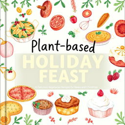 A whimsical and artistic cover photo for the book titled "Plant-Based Holiday Feast: Delicious Vegetarian & Vegan Recipes for New Year and Christmas"