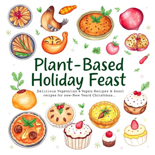 A whimsical and artistic cover photo for the book titled "Plant-Based Holiday Feast: Delicious Vegetarian & Vegan Recipes for New Year and Christmas"