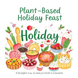 A whimsical and artistic cover photo for the book titled "Plant-Based Holiday Feast: Delicious Vegetarian & Vegan Recipes for New Year and Christmas"