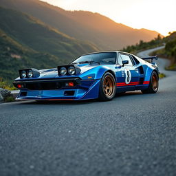 An eye-catching custom Lancia Stratos that prominently features the front bumper of a Nissan S15