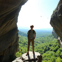 A young adult standing confidently on the edge of a large cave, overlooking a breathtaking view of a lush forest below