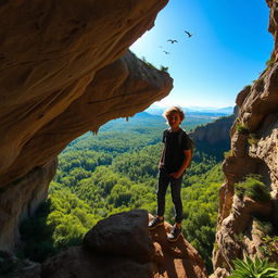 A young adult standing confidently on the edge of a large cave, overlooking a breathtaking view of a lush forest below