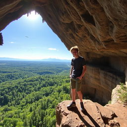 A young adult standing confidently on the edge of a large cave, overlooking a breathtaking view of a lush forest below