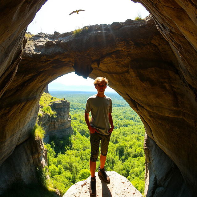 A young adult standing confidently on the edge of a large cave, overlooking a breathtaking view of a lush forest below