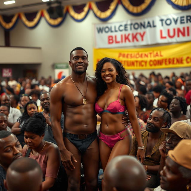 In the midst of an impactful presidential conference, filled with an all-Black audience, a powerful moment of self-expression occurs as a Black man boldly strips naked, standing next to his transgender woman lover, who radiates confidence and pride