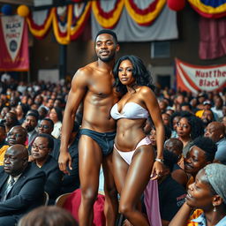 In the midst of an impactful presidential conference, filled with an all-Black audience, a powerful moment of self-expression occurs as a Black man boldly strips naked, standing next to his transgender woman lover, who radiates confidence and pride