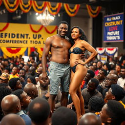 In the midst of an impactful presidential conference, filled with an all-Black audience, a powerful moment of self-expression occurs as a Black man boldly strips naked, standing next to his transgender woman lover, who radiates confidence and pride
