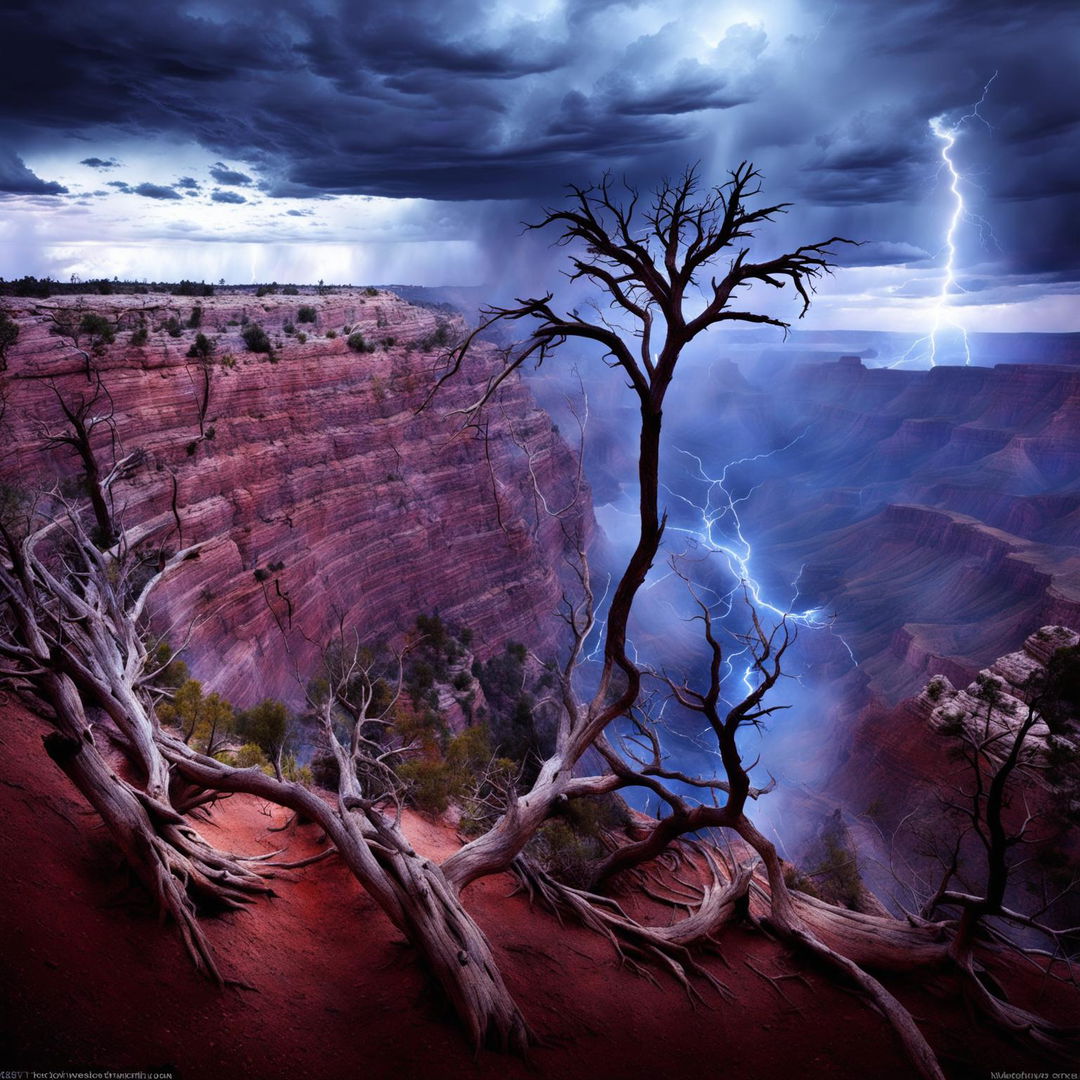 Digital art of Grand Canyon transformed by a flood under a stormy sky with lightning and rain.