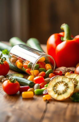 A vibrant and detailed image of a food capsule placed on a wooden table, surrounded by fresh fruits and vegetables like tomatoes, cucumbers, and bell peppers