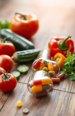 A vibrant and detailed image of a food capsule placed on a wooden table, surrounded by fresh fruits and vegetables like tomatoes, cucumbers, and bell peppers