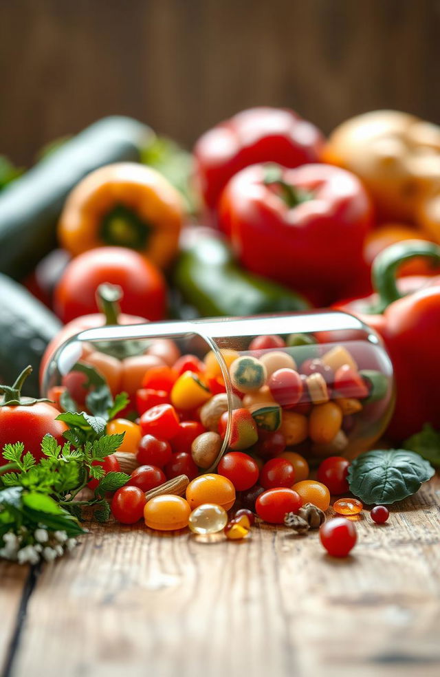 A vibrant and detailed image of a food capsule placed on a wooden table, surrounded by fresh fruits and vegetables like tomatoes, cucumbers, and bell peppers