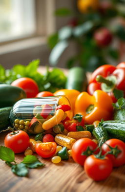 A vibrant and detailed image of a food capsule placed on a wooden table, surrounded by fresh fruits and vegetables like tomatoes, cucumbers, and bell peppers