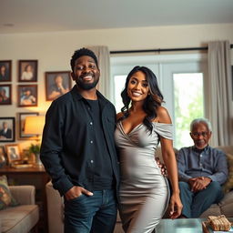A heartwarming scene depicting Alex, a handsome Black man in his 30s, standing in a cozy living room with a look of astonishment and joy on his face