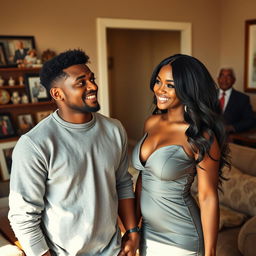 A heartwarming scene depicting Alex, a handsome Black man in his 30s, standing in a cozy living room with a look of astonishment and joy on his face