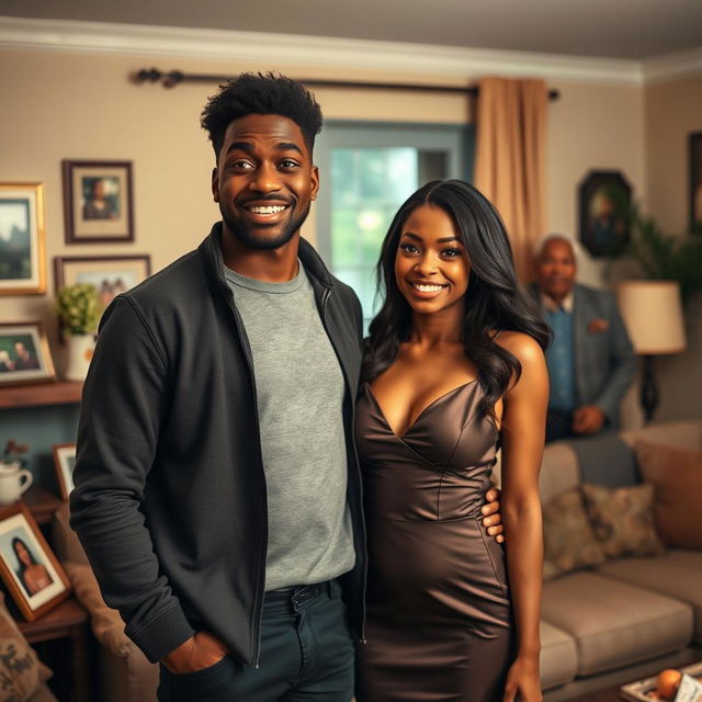 A heartwarming scene depicting Alex, a handsome Black man in his 30s, standing in a cozy living room with a look of astonishment and joy on his face