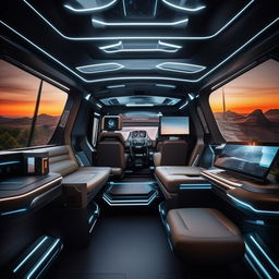 The rear cabin of a state-of-the-art, futuristic van, brimming with high-end luxuries and advanced tech gadgets.