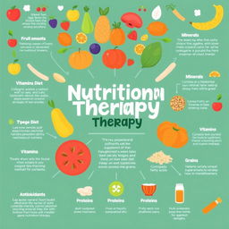 A visually engaging infographic showcasing the concept of nutritional therapy, featuring an array of vibrant fruits, vegetables, grains, and supplements