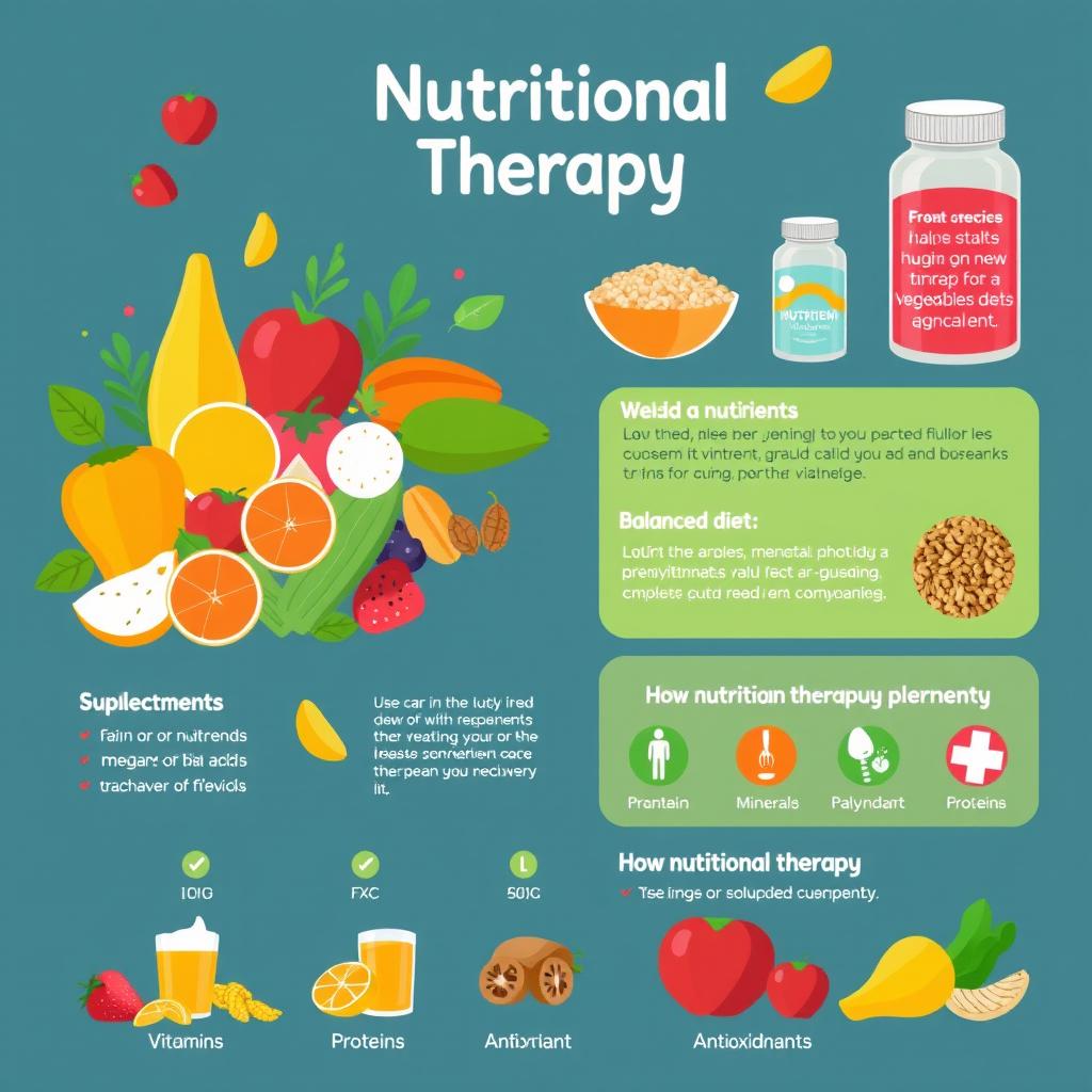 A visually engaging infographic showcasing the concept of nutritional therapy, featuring an array of vibrant fruits, vegetables, grains, and supplements