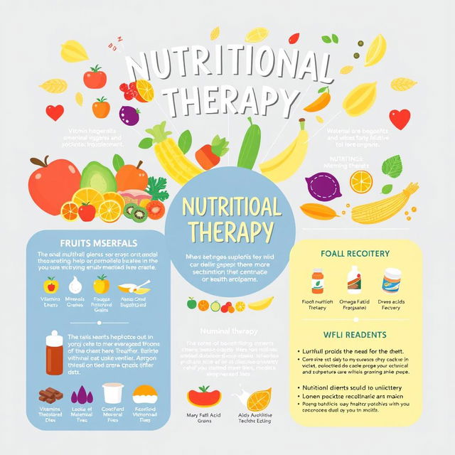 A visually engaging infographic showcasing the concept of nutritional therapy, featuring an array of vibrant fruits, vegetables, grains, and supplements